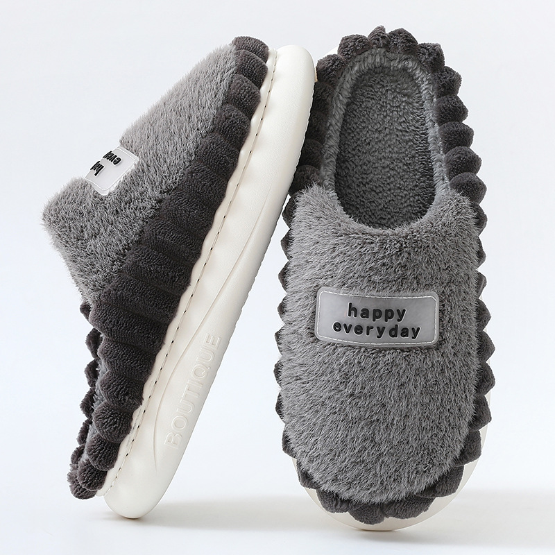 Home Slippers For Men Thick-soled Color-block Letters Fluffy Fleece House Shoes Winter Indoor Warm Slip On Floor Bedroom Slipper foto 2
