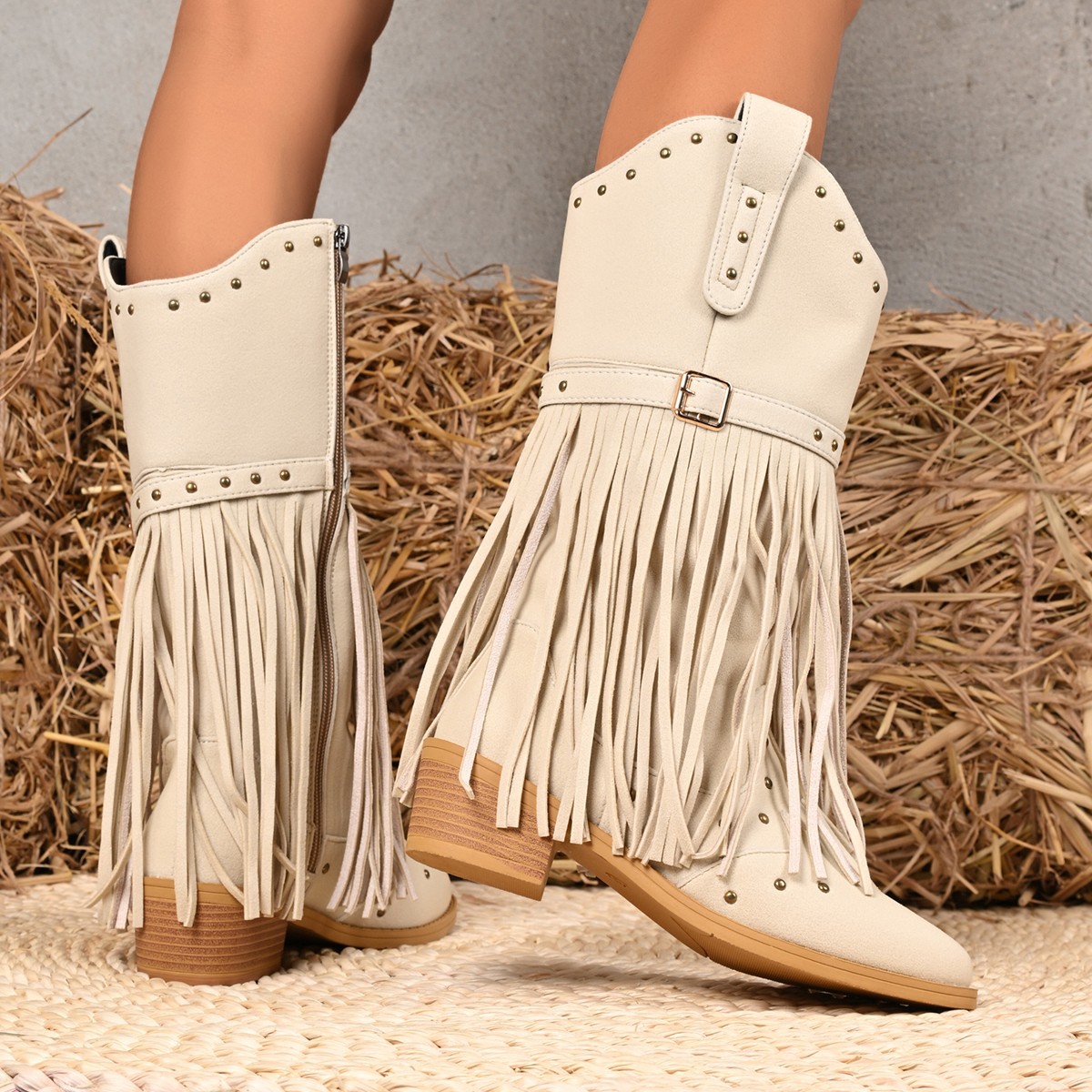 Western Cowboy Women's Boots Belt Buckle Rivet Tassel Big Middle Boots foto 5