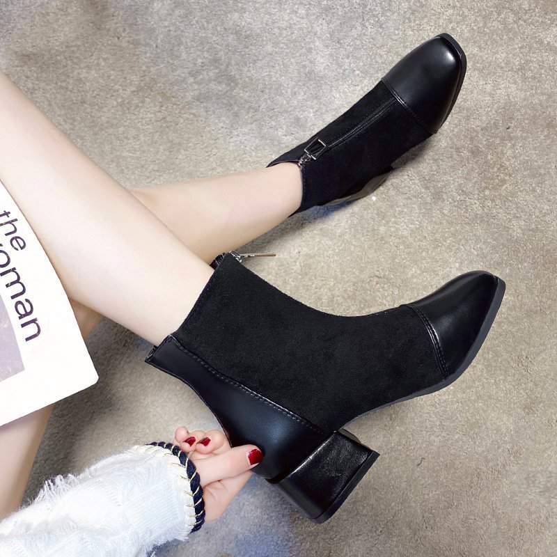 Womens Fashionable Mid-Heel Ankle Boots With Front Zipper foto 3