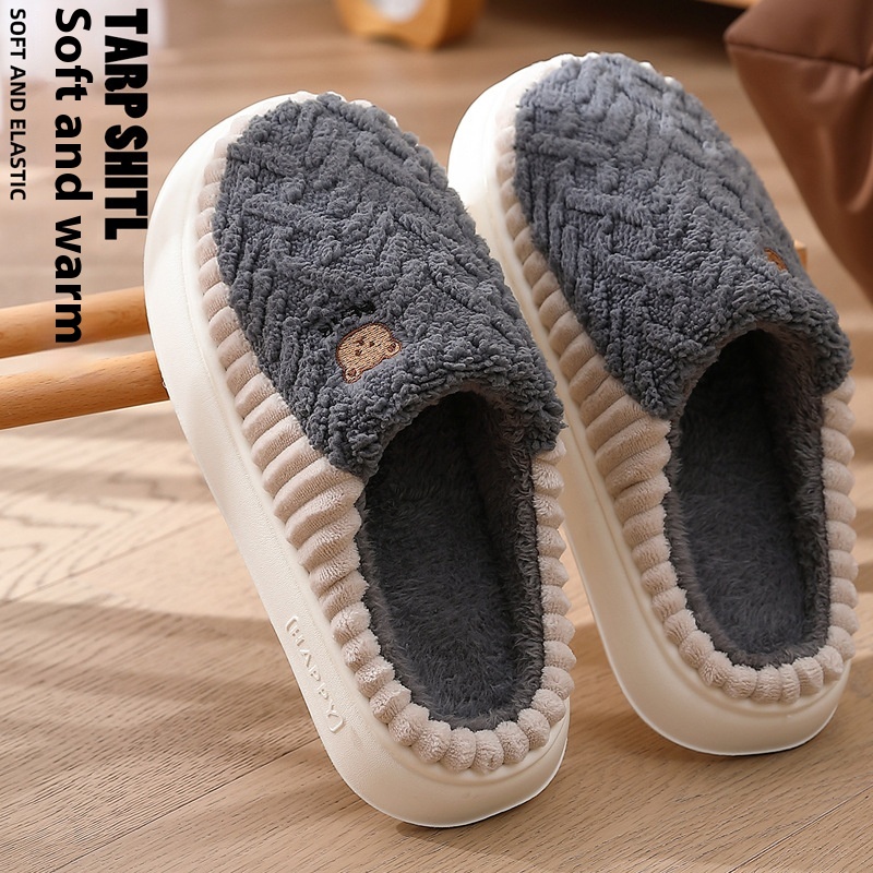 Cute Bear Plush Slippers Winter Warm Fleece Shoes Indoor Bedroom Floor Home Slippers For Women Men Couple foto 2
