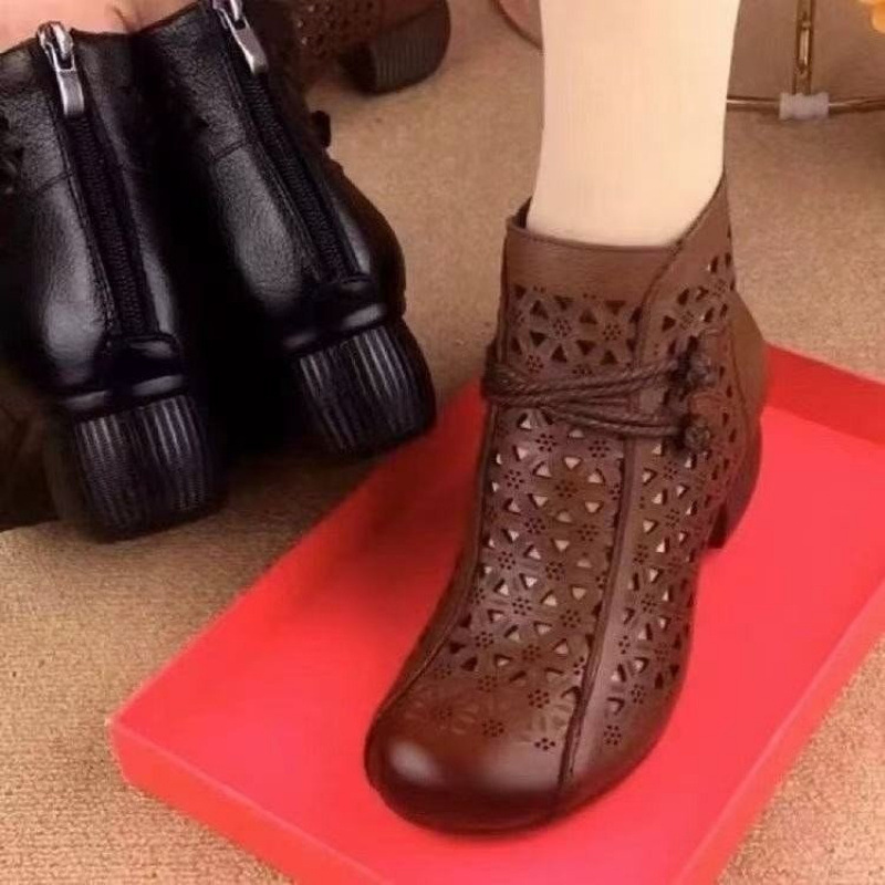 All-match Leather Mid-heel Comfortable Retro Closed Toe Chunky Heel Hollow Sandals foto 2