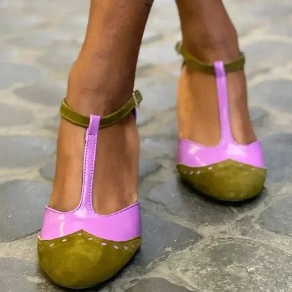 High-Heel Fashionable Round-Toe Plus-Size Colorblock Hollow-Out T-Strap Sandals