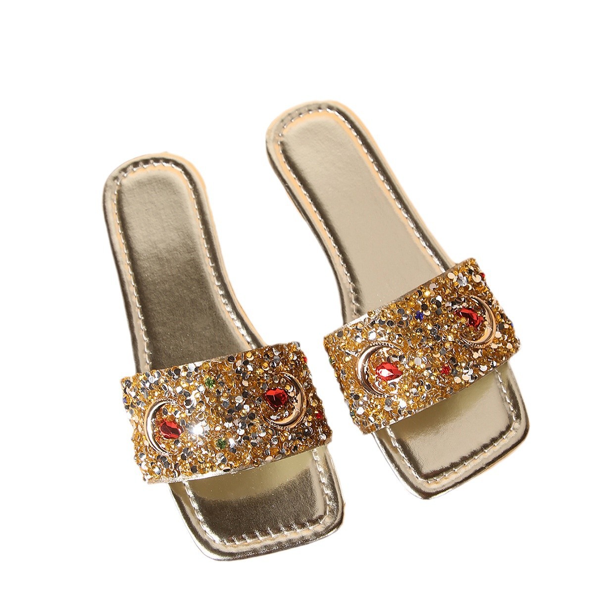 Women's Slippers Fashion Rhinestone Sequins Flat One-word Casual Cool foto 5