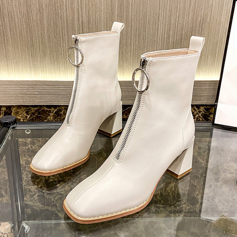 Womens Square-Toe Leather Chunky-Heel Boots In British Style foto 3