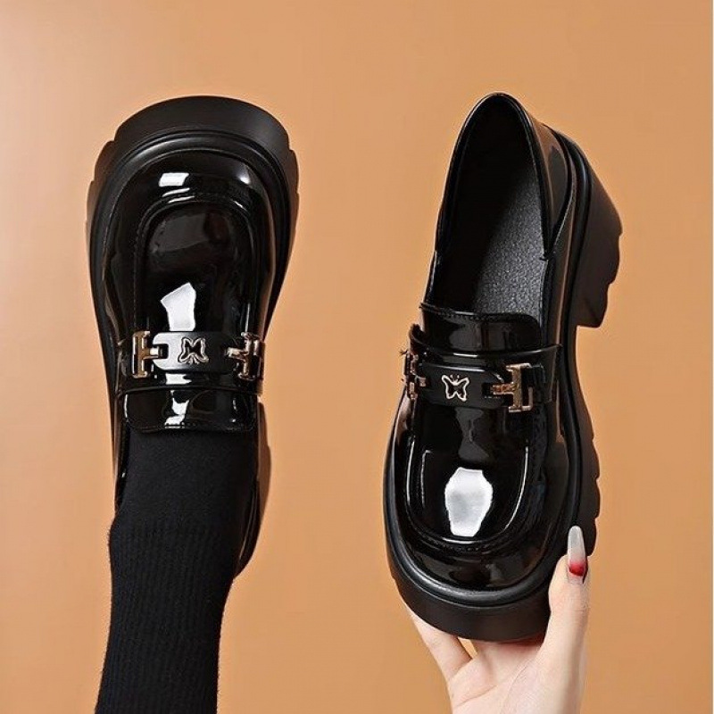 Slip-on Chunky Heel Black Leather Shoes foto 3