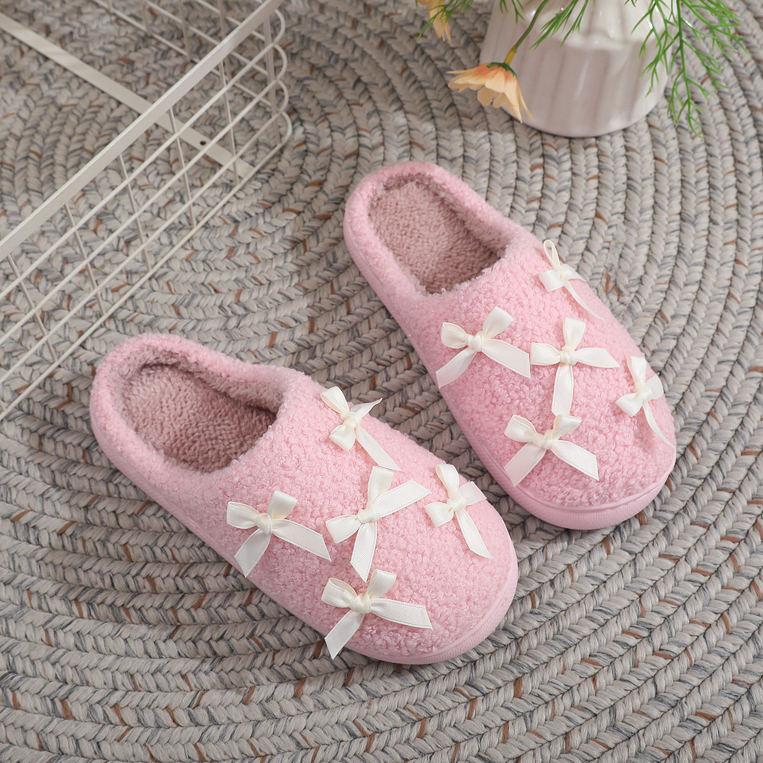 Korean Style Bow Cotton Slippers Women's Cute Warm foto 3
