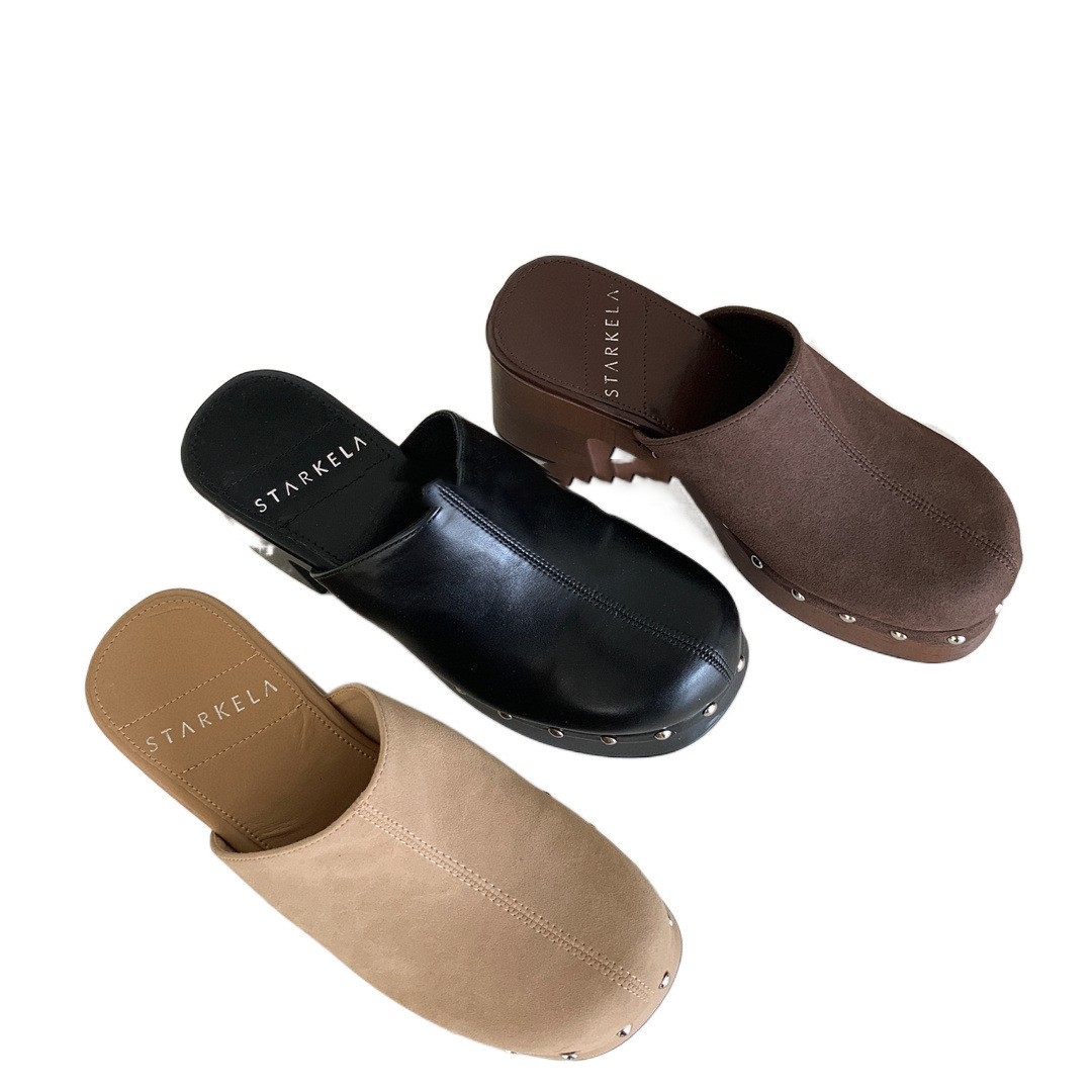 Deep Mouth Thick High Heel Matte Leather Rivet Fashion Closed Toe Half Slippers foto 4