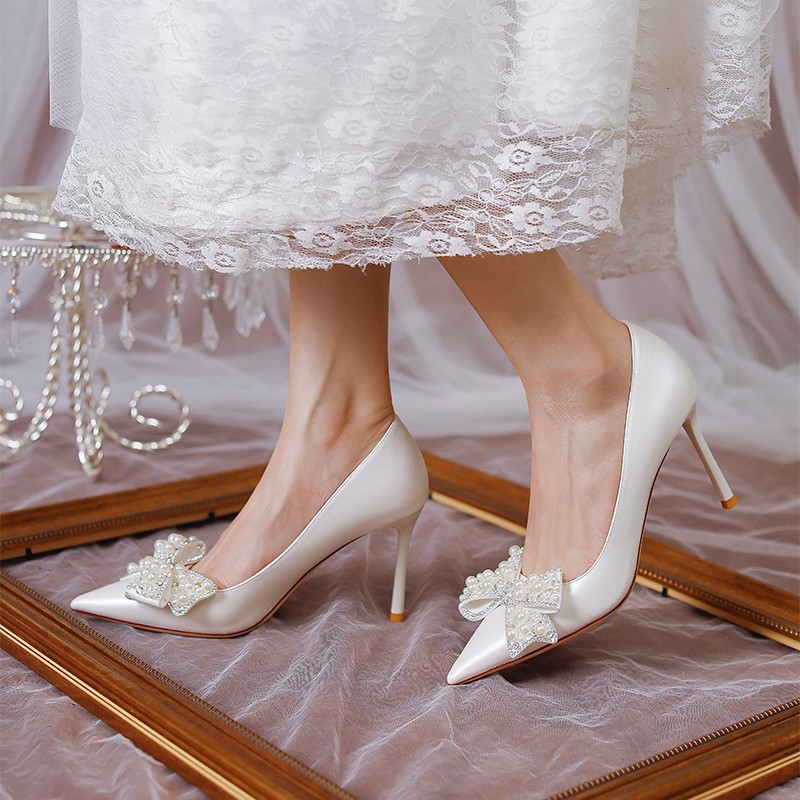 Women's Stiletto Heel Bride Wedding Dress Shoes White foto 5