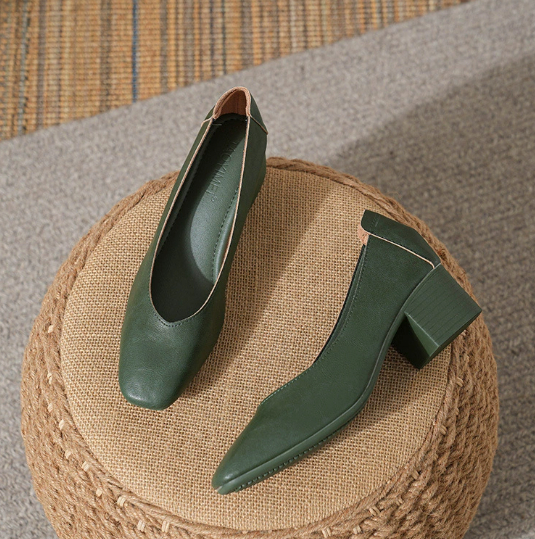 Women's Retro Soft Leather V-Neck Mid-Heel Fairy High Heels Chunky Heel Mary Jane Shoes foto 5