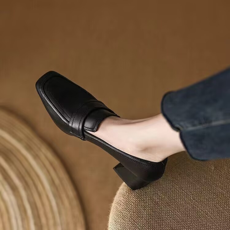 Women's Spring And Autumn New Medium Chunky Heel Soft Bottom Leather Shoes foto 3