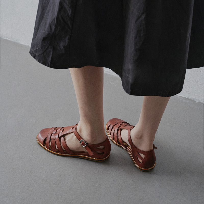 Women's Premium Washed Full Grain Leather Fisherman Sandals, Closed-Toe Woven T-Strap Flats