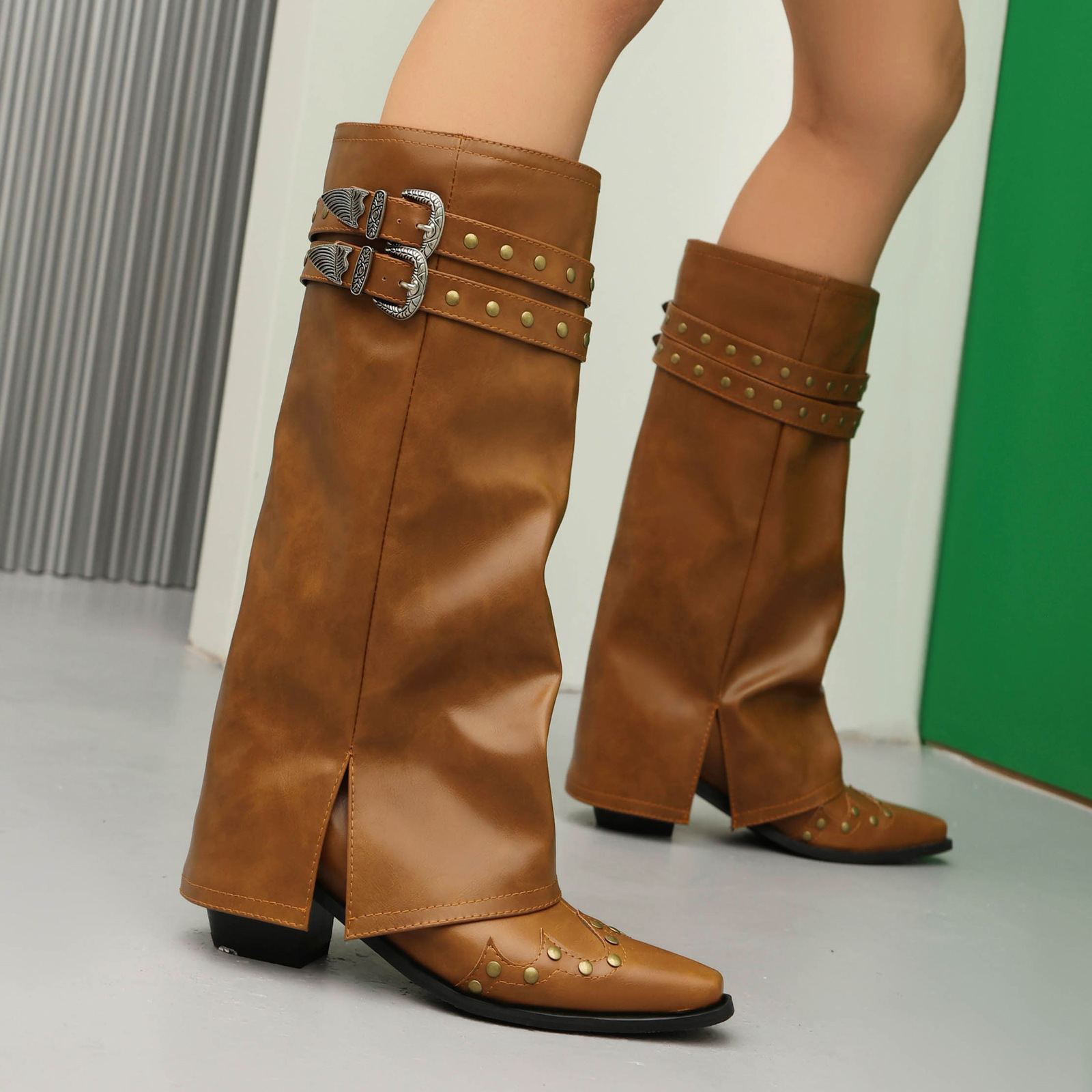 Rivet Chunky Heel Belt Buckle Tall Boots Women foto 5