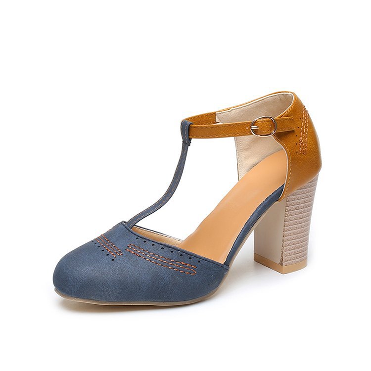 Buckle Womens High-heeled Sandals Color-blocked Chunky-heel Pumps foto 3