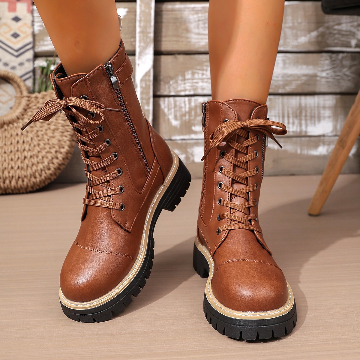 New Women's Solid Color Low Heel Middle Boots foto 5