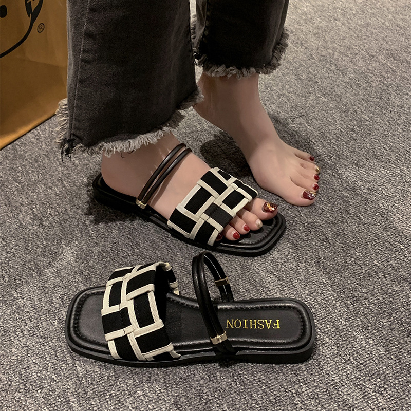 Square Toe Sandals Women's Canvas Check Pattern Flat Sandals foto 2
