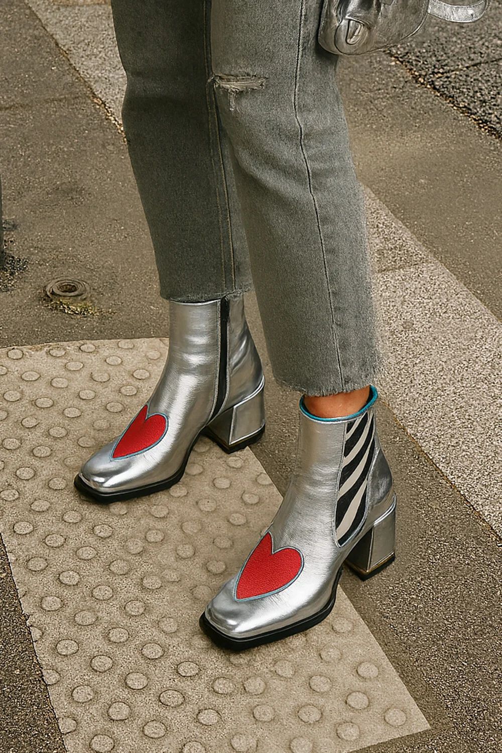 Square-toe Red Chunky-heeled Ankle Boots With A Side Zipper And Heart Detail