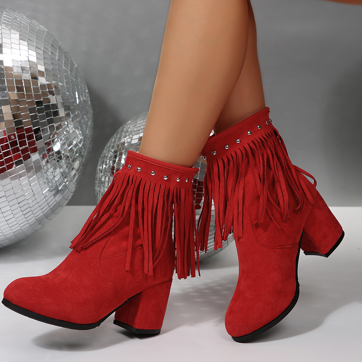 Rivet Suede Plus Size Tassel Womens Boots foto 5