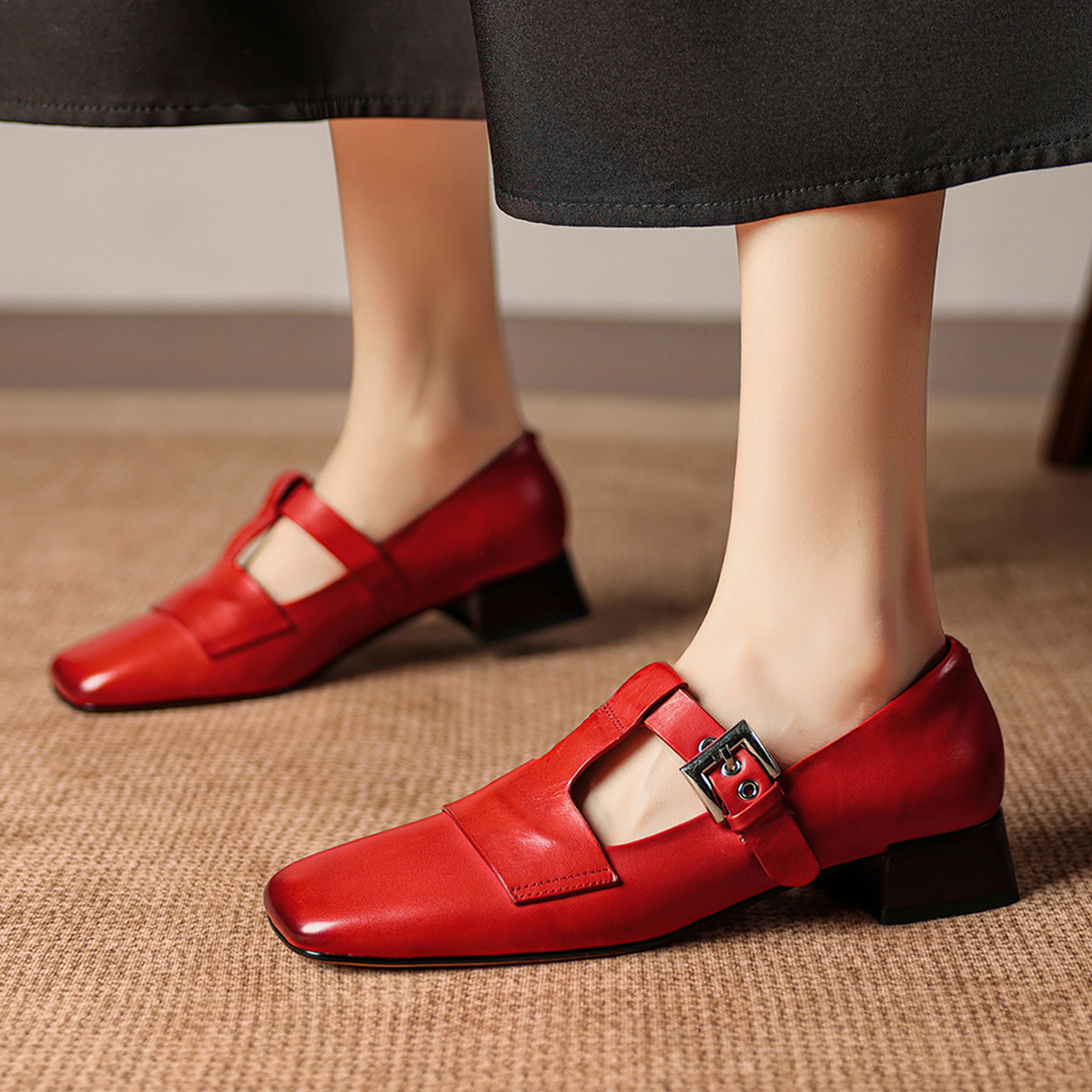 Women's Handmade Washed Full-Grain Leather Mary Jane Shoes, Vintage Square Toe T-Strap Buckle Low Block Heel Pumps foto 2