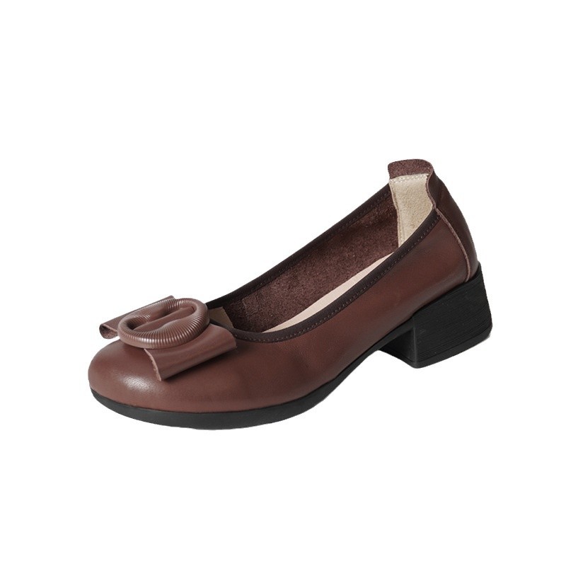 Low-cut Authentic Leather Women's Mid Heel Slip-on Round Head Pumps foto 3