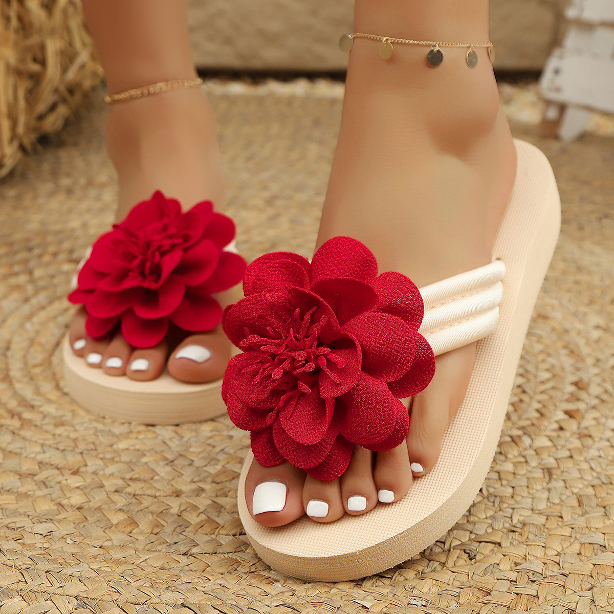Women's Fashion All-match Flower Flat Toe Flip-flops foto 3