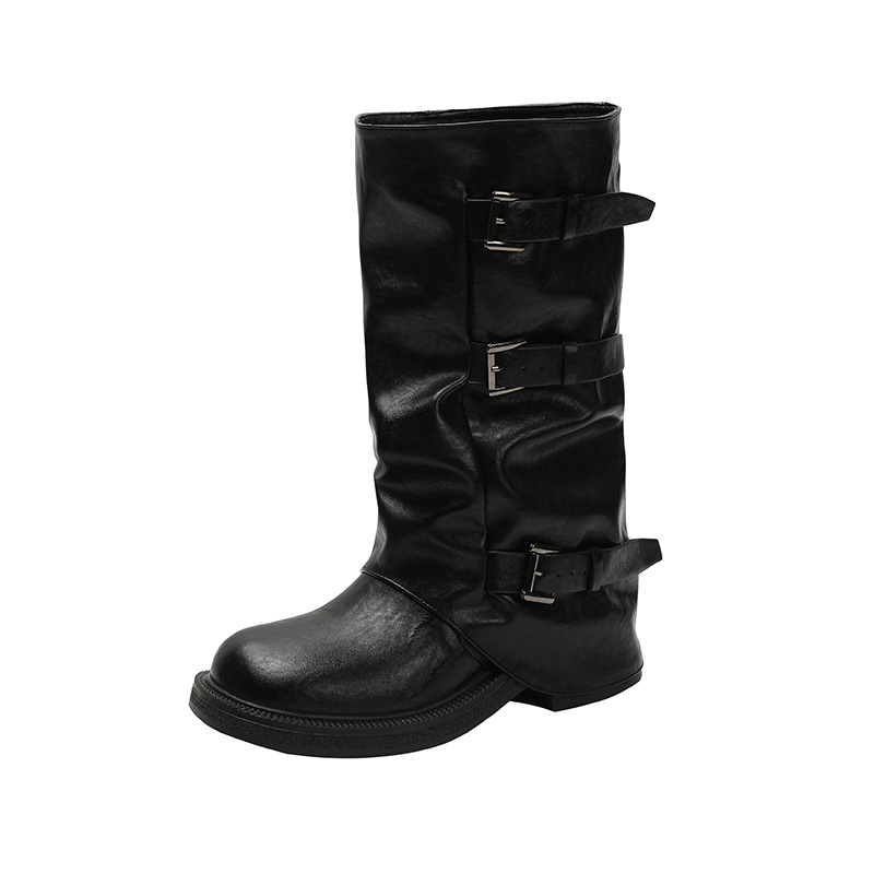 Belt-buckle Square-toe Pleated Mid-calf Womens Boots foto 4