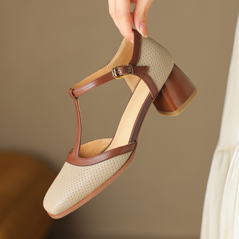 Womens Leather Mule Sandals With Color-block Design, Tstrap Buckle And Breathable Perforations foto 5
