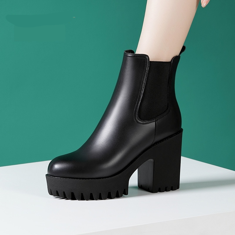 Women's Solid Color Genuine Leather High-heel Thick-heel Platform Mid-calf Boots foto 2