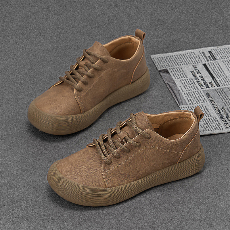 Men's Casual Leather Shoes Vintage Style Thick Sole Low-cut Lace-up