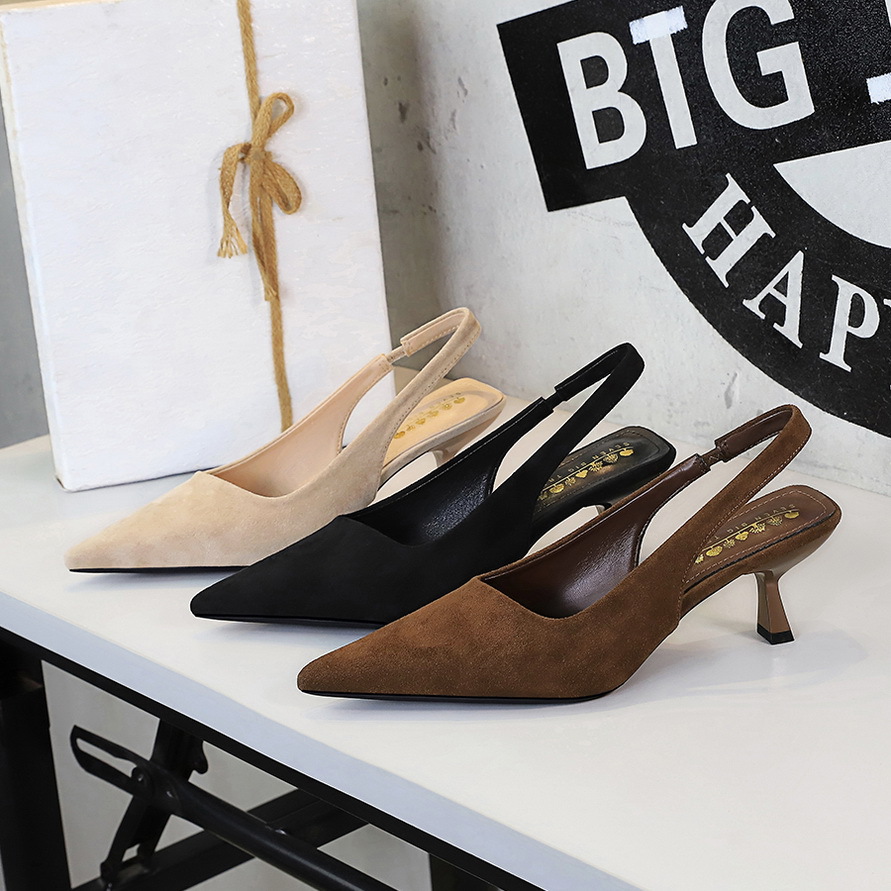 Suede Pointed-toe Peep-toe Slingback Plain High-heeled Womens Shoes foto 4