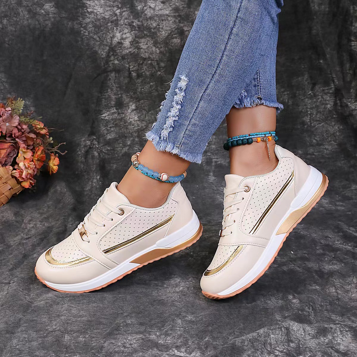 Flat Color-blocked Round-toe Lace-up Shoes foto 5