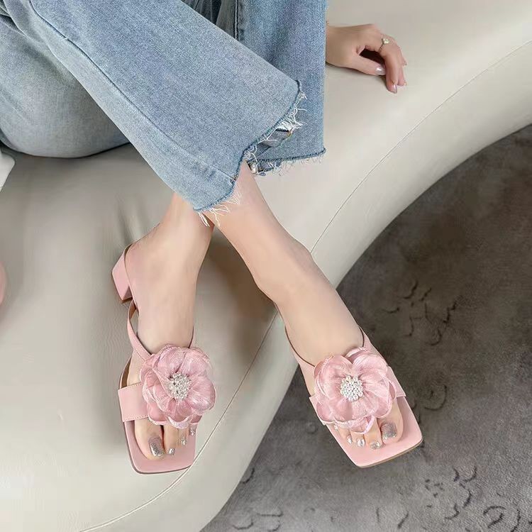 Fashion Flower Chunky Heel Square Toe One-line Women's Sandals foto 5