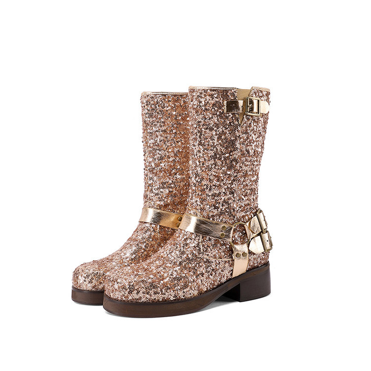 Womens Leather Mid-Calf Boots With Sequin Belt Buckles foto 3