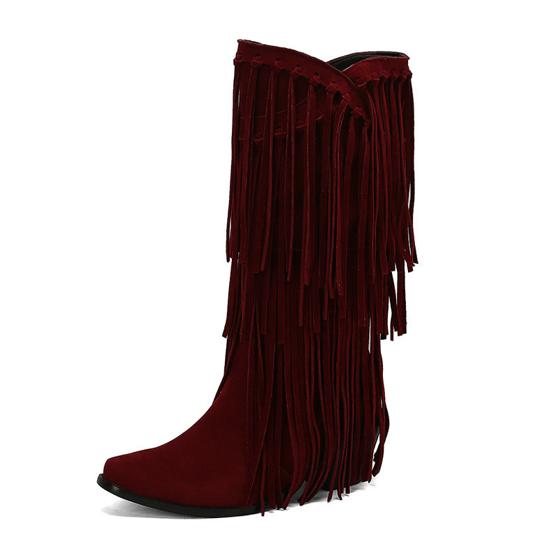 Women's High Boots Autumn And Winter Suede High Heel Tassel Boots Below The Knee foto 3