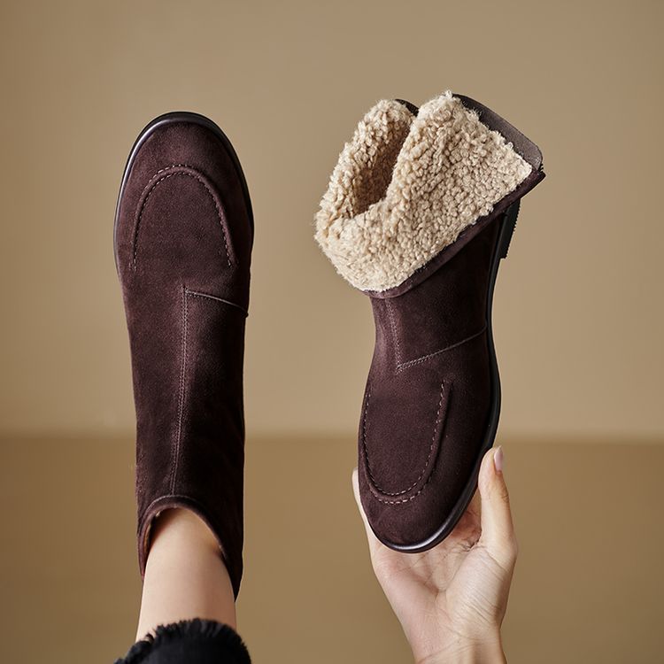 Womens Fleece-Lined Thick Simple Stylish Round-Toe Low-Heel Ankle Boots For FallWinter foto 2