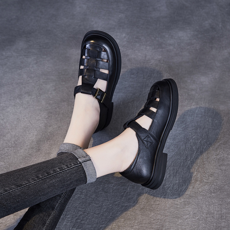 Genuine Leather Pitcher Plant Shoes Women's Round Head Hollow Flat foto 2