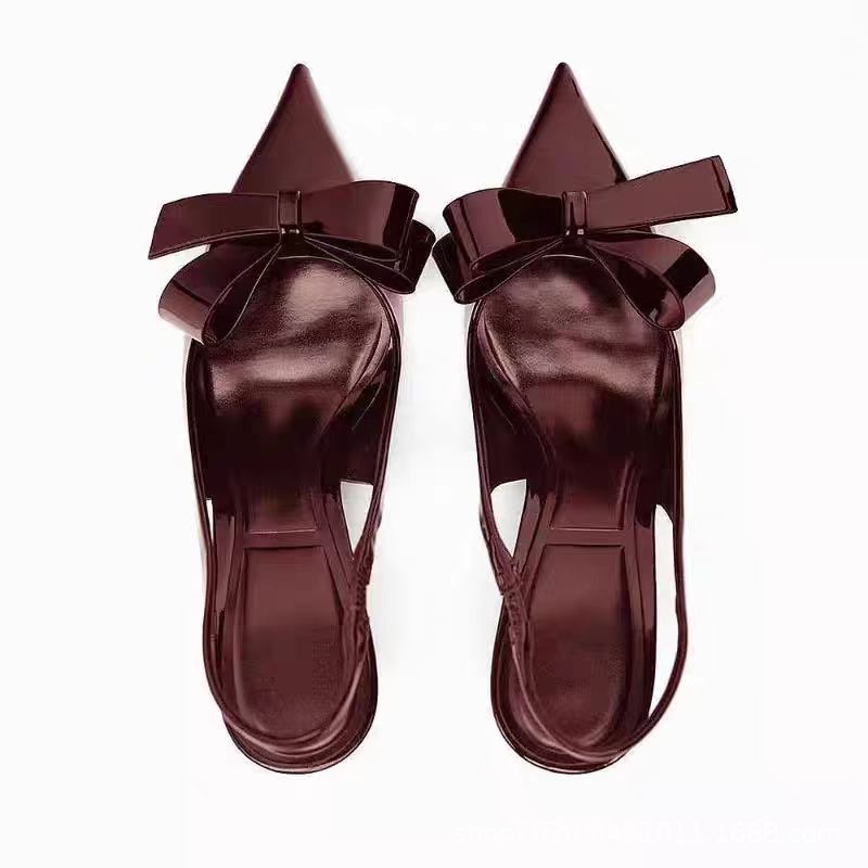 Patent Leather Women's Wine Red Bow Open-back High Heels foto 3