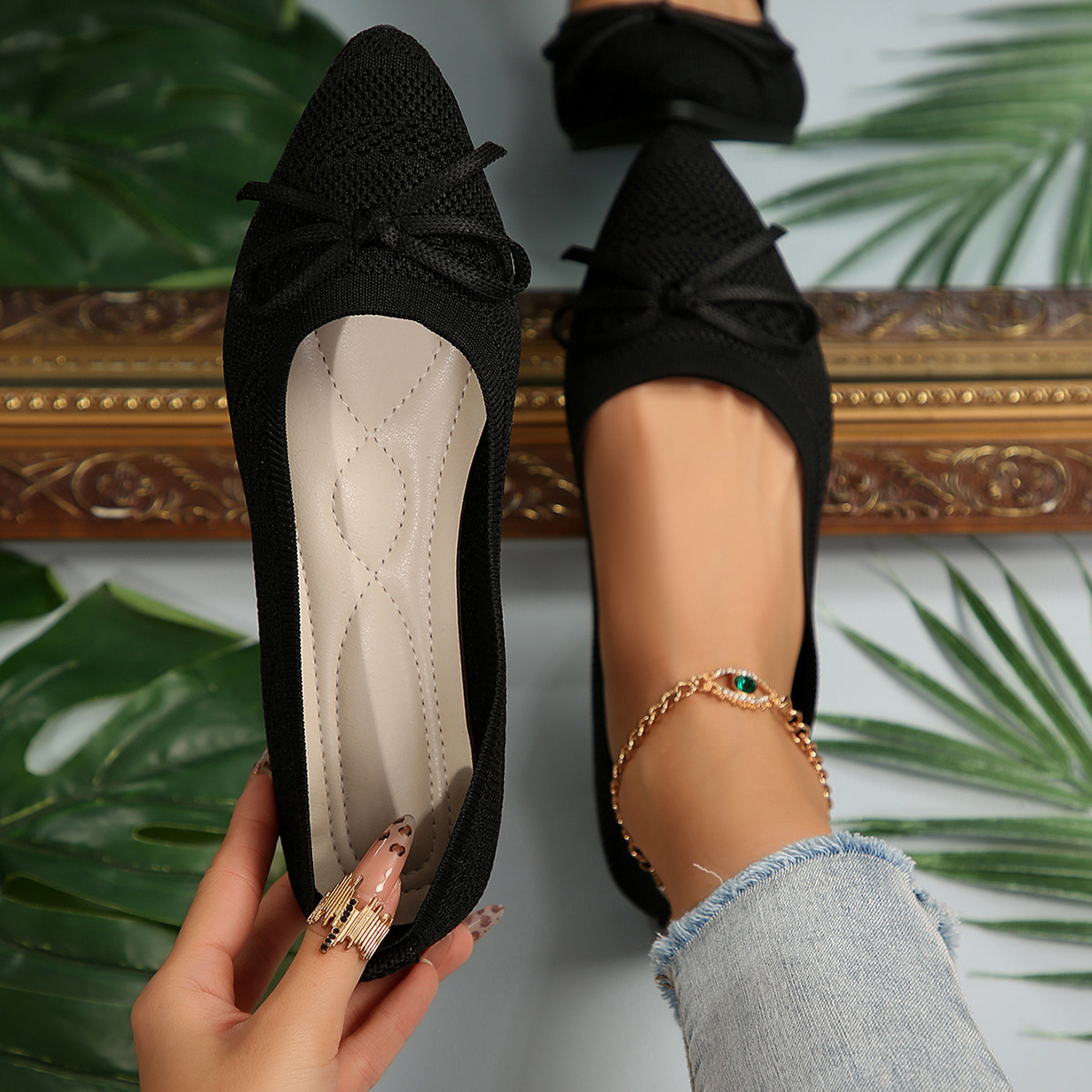 Bow Knitted Loafers Ins Fashion Pointed-toed Flats Shoes For Women foto 4