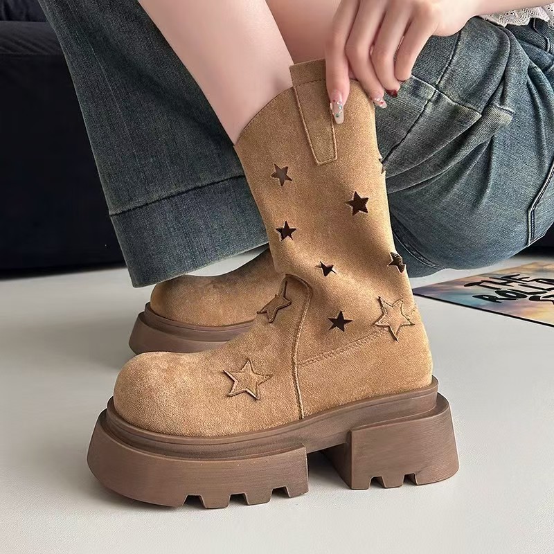 Five-star Hollow-out Platform Western Denim Ankle Boots foto 5