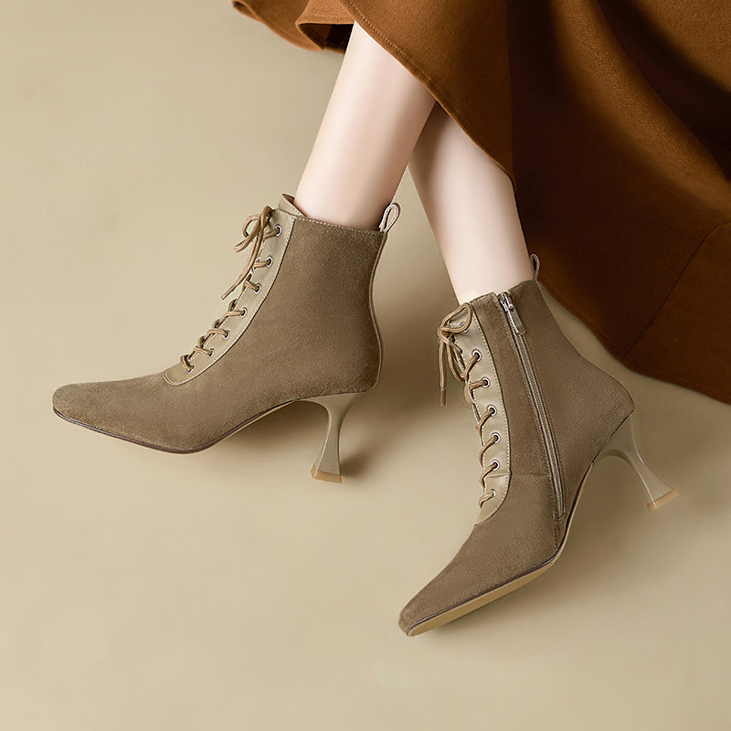 Retro Brown Leather Square-Toe Short Boots With A Stiletto HeelTimeless And Versatile Looks foto 5
