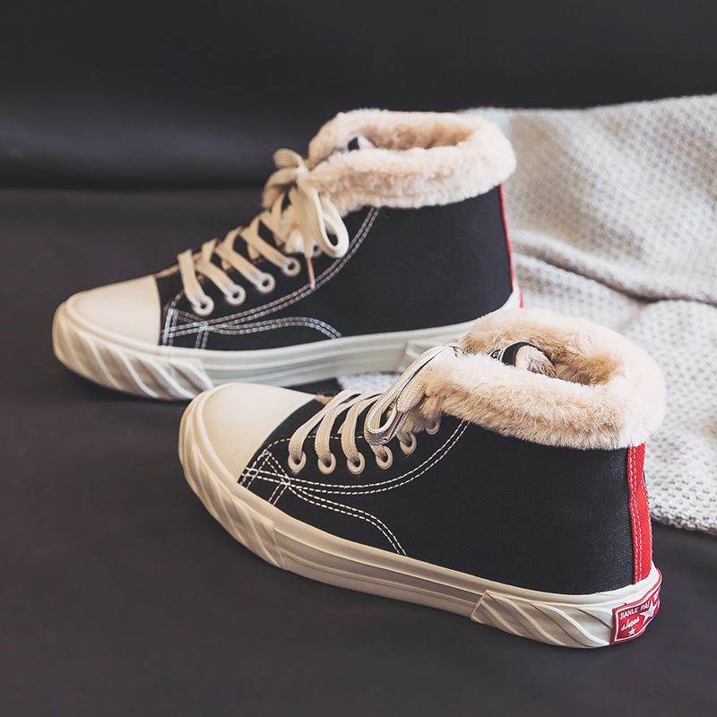 Women's Warm Black Winter Thick Flat High-top With Velvet Canvas Shoes foto 4