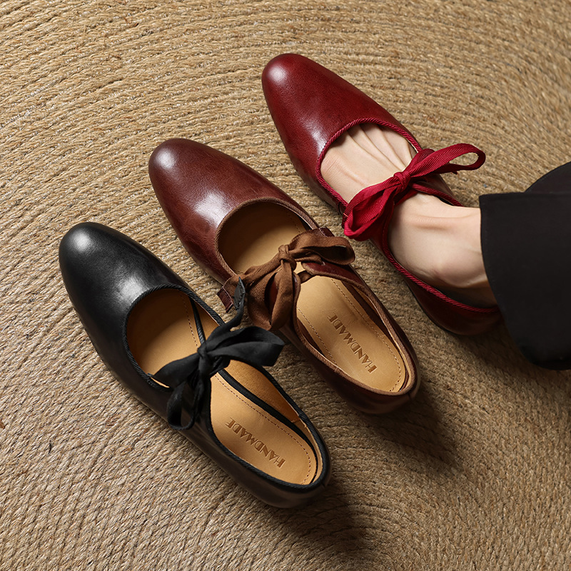 French-style Vintage Low-heeled Leather Shoes For Women Round Toe Low Cut foto 5