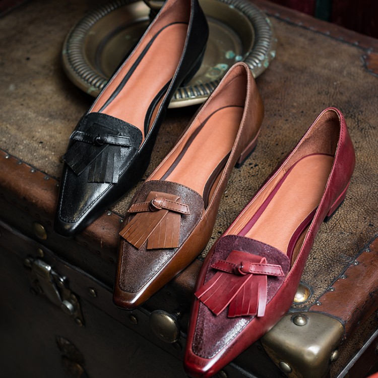 Cowhide Retro Women's Low Heel Low-cut Thick Heel Flat Loafers foto 2