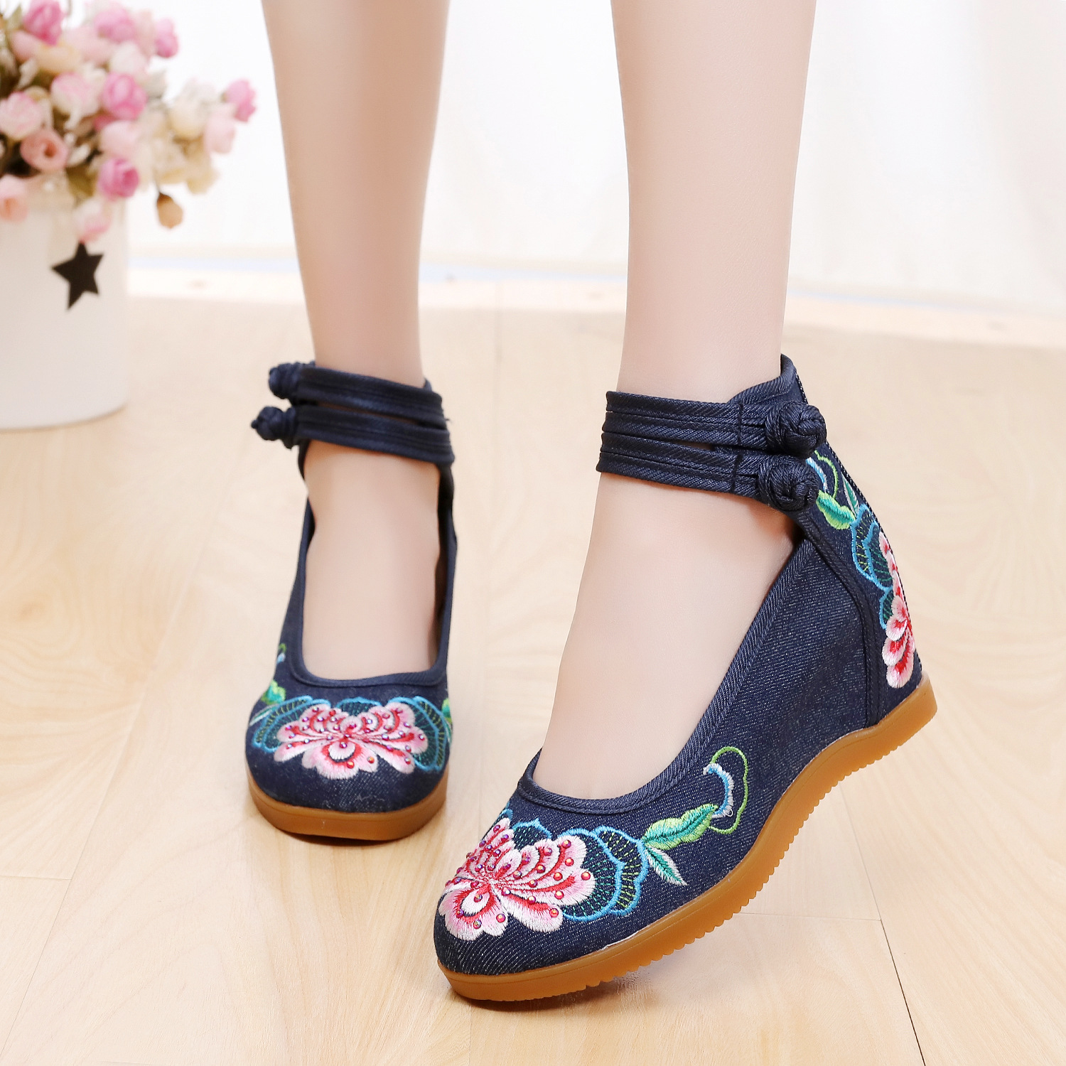 Women's Rhinestone Ethnic Style Double Buckle Canvas High Heels foto 2