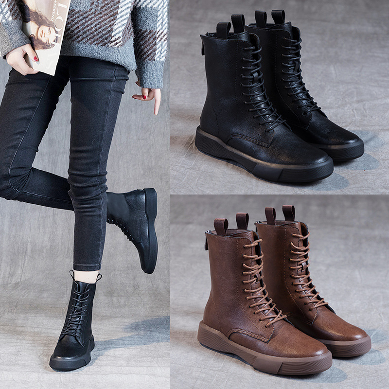 Flat Heel Retro Low Leather Boots Soft Bottom Lace Up Back Zipper foto 4