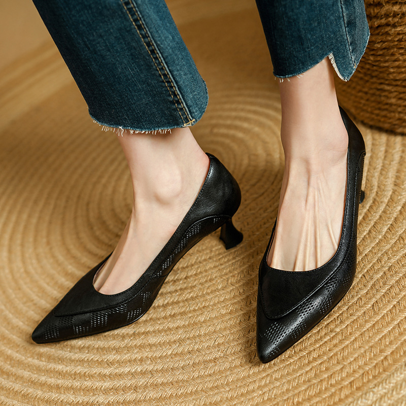 Soft Sheepskin Pointed Toe Stiletto Low-cut Shoes Women's Leather Shoes foto 3