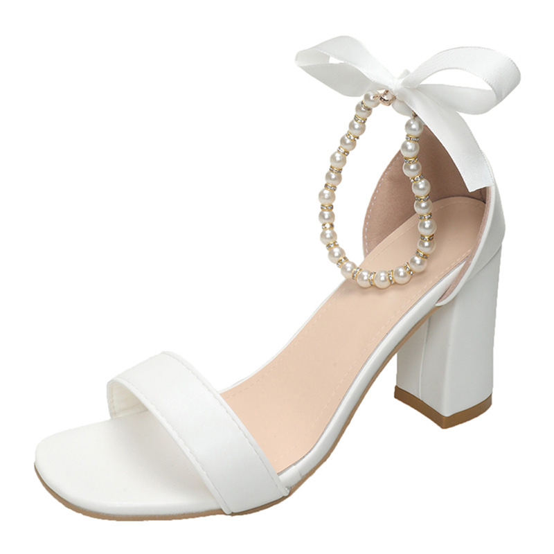 Summer New Pearl Bow Buckle Open Toe Chunky Heel All-match Sandals foto 3
