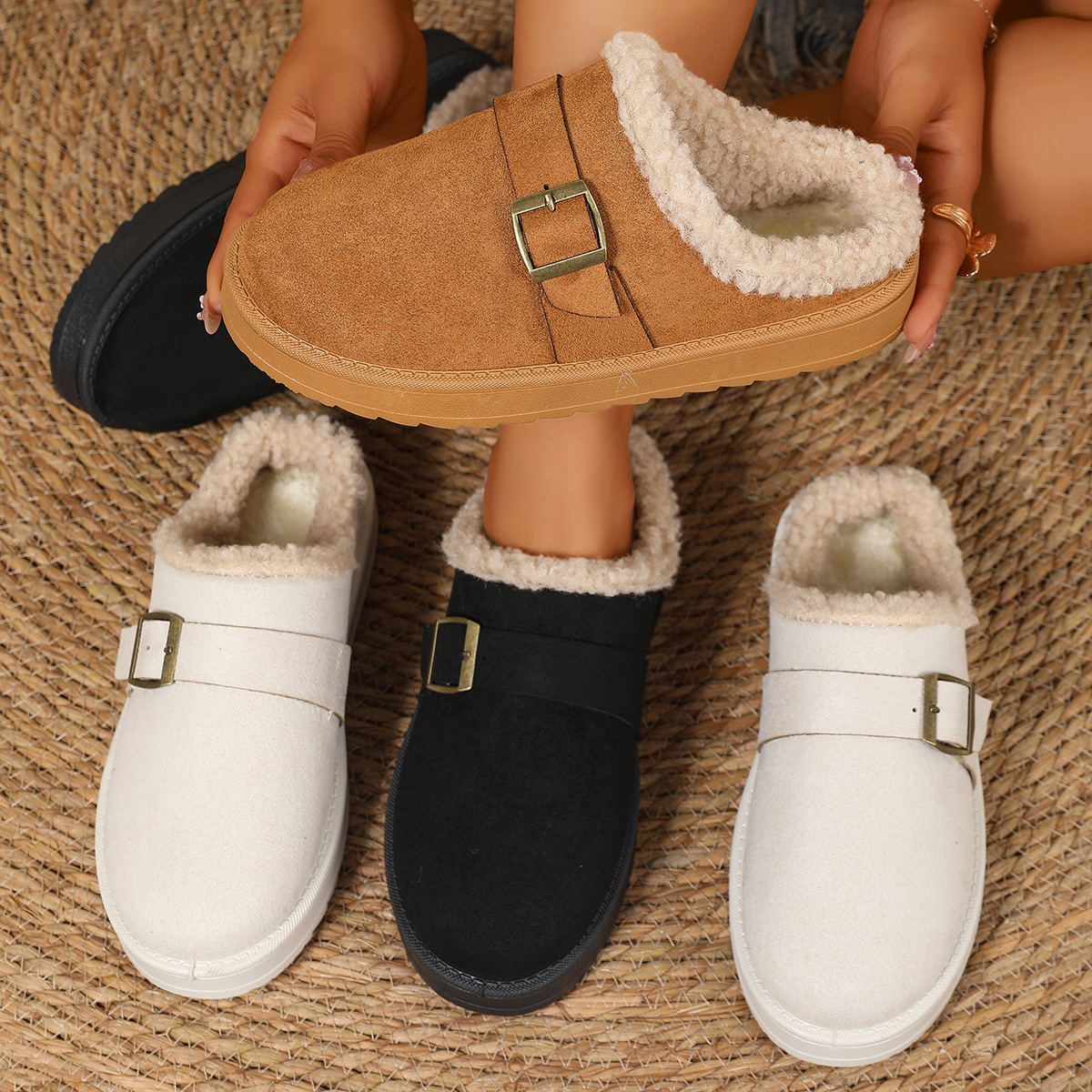 Thick Bottom Belt Buckle Fleece-lined Closed Toe Female Cotton Slippers foto 2