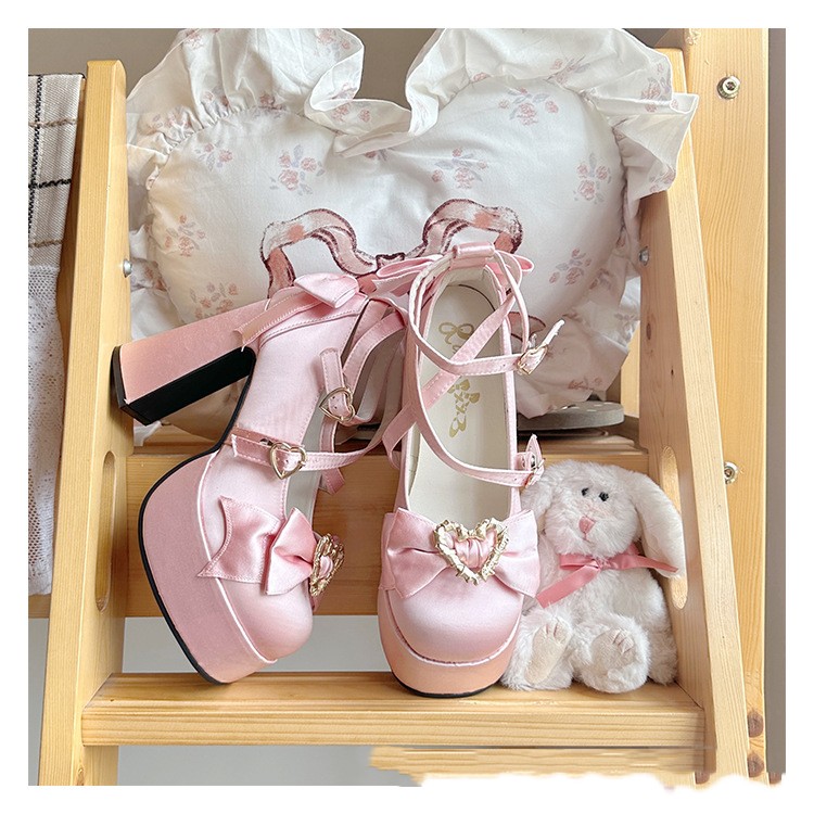 Waterproof Platform Satin Thick Heel Bowknot Love Cross Buckle Strap High Heel Pumps foto 5