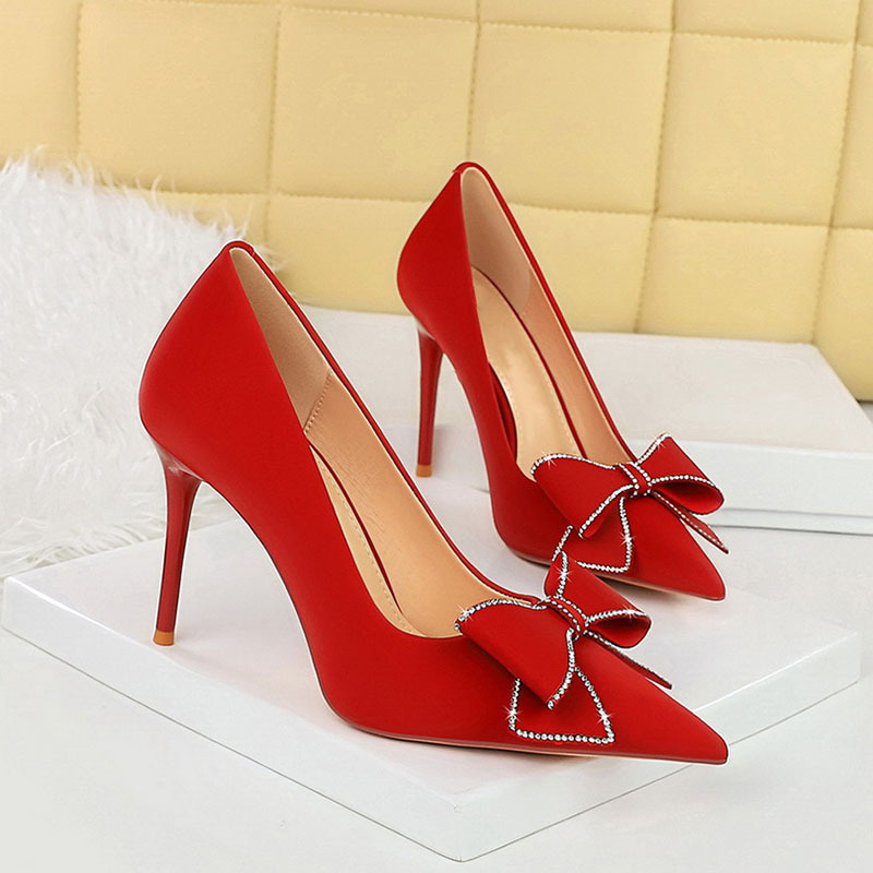 Rhinestone Bow Stiletto Heel Pumps Pointed High Heels foto 2