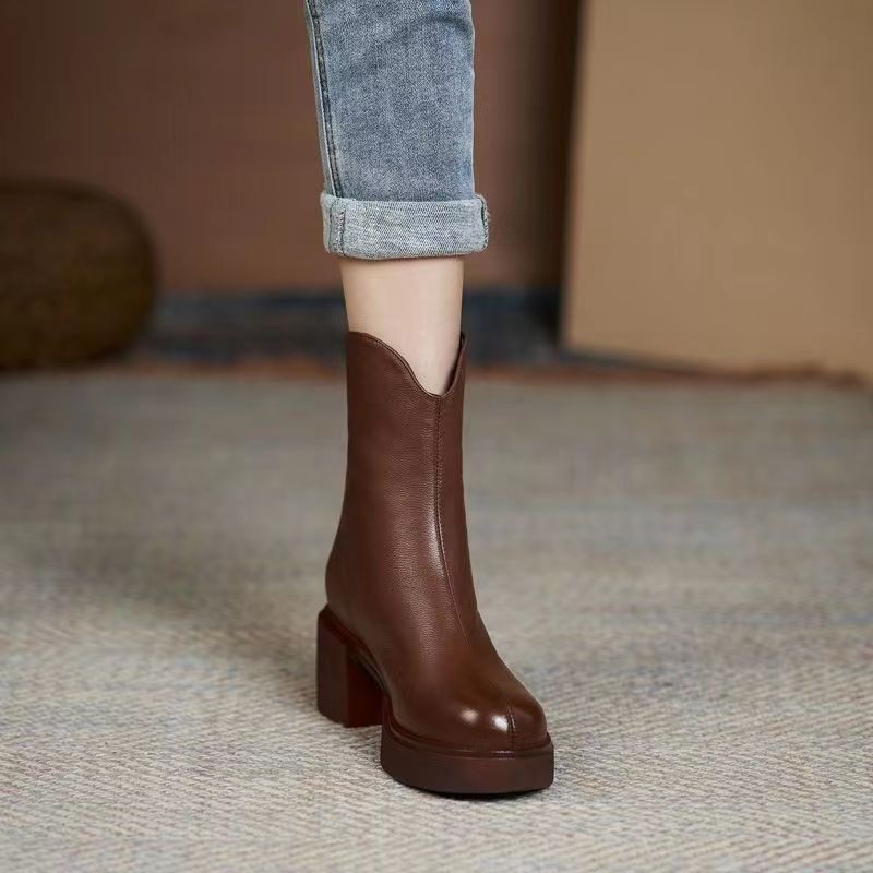 Women's Autumn And Winter Thick Heel Real Soft Leather High-heeled Martin Boots foto 5
